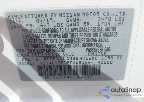 2019 Nissan Versa Note Sv из США, поврежденный, VIN 3N1CE2CP4KL366202